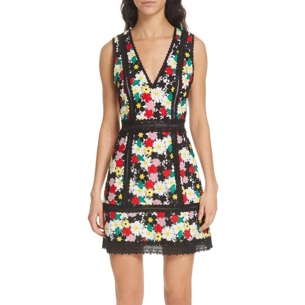 Alice + Olivia Zula Floral-Embroidered V-Neck Sleeveless Party Dress, size 0